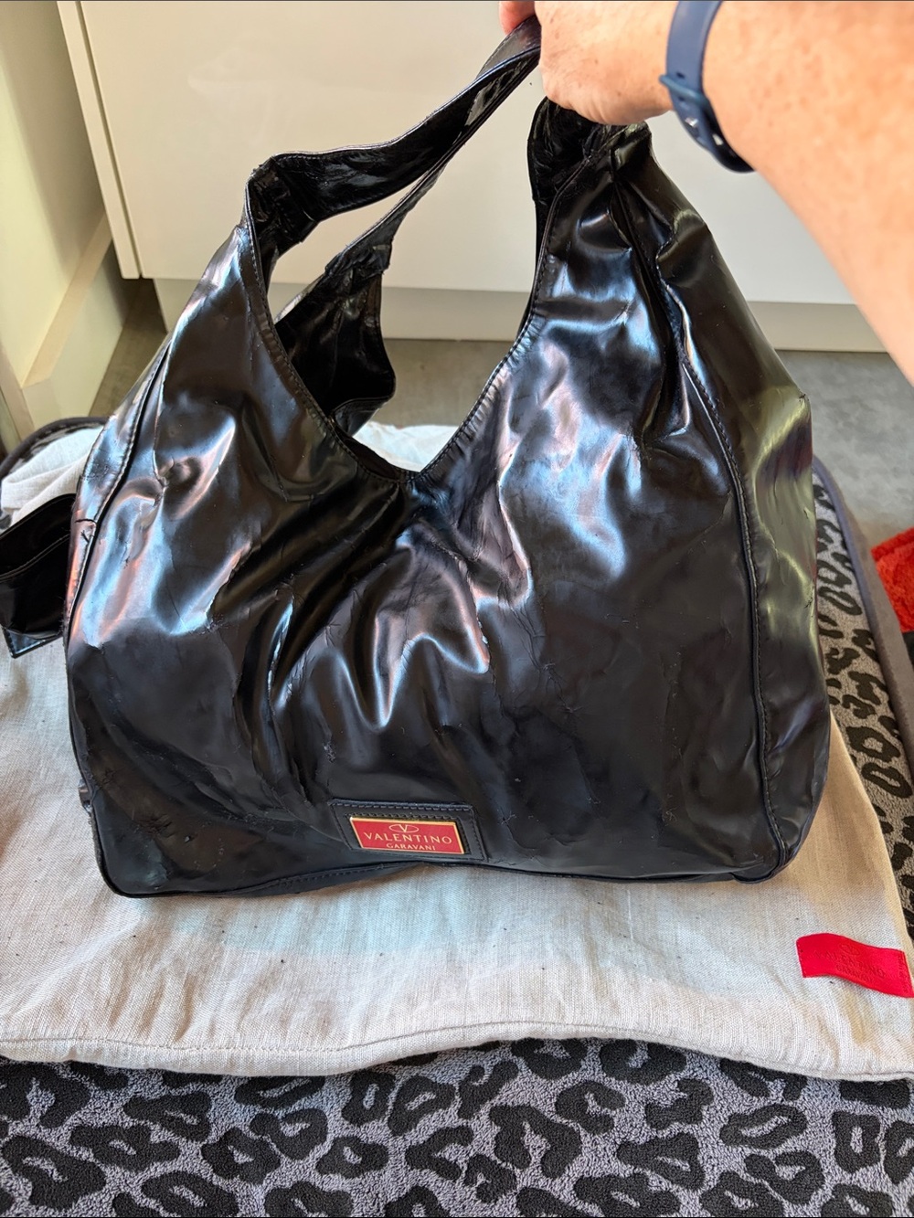 Valentino Black Patent Shoulder Bow Bag w/ Red Satin Interior